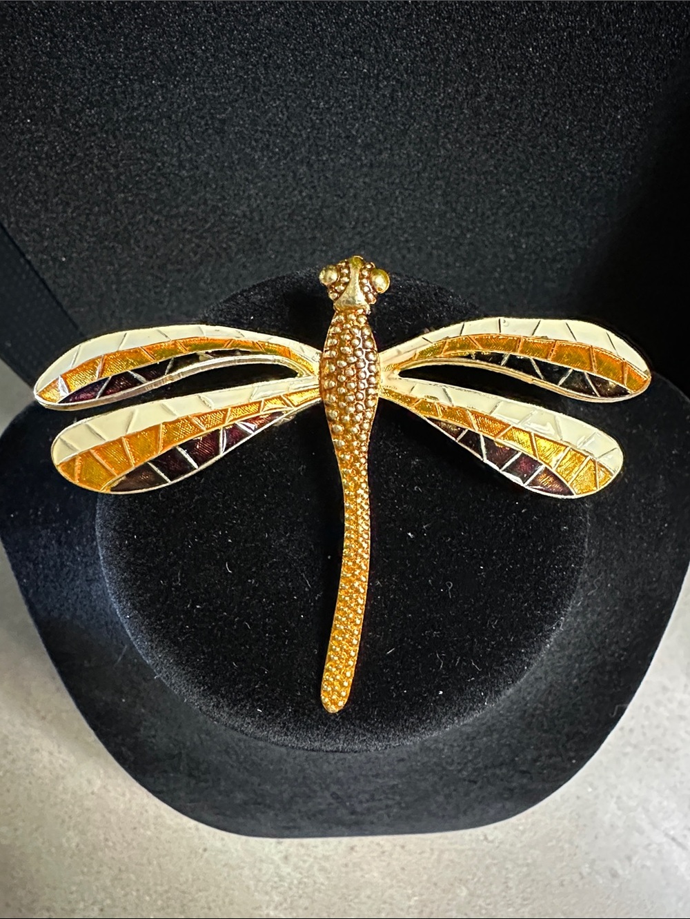 Vintage Gold Tone Dragonfly Brooch with Amber and Cream Enamel